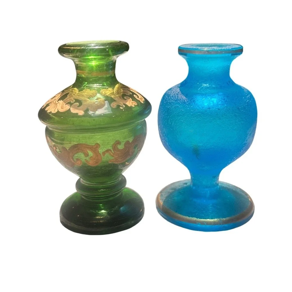 Vintage Miniature Glass Bud Vases Gold Filigree Green Frosted Blue Set of 2